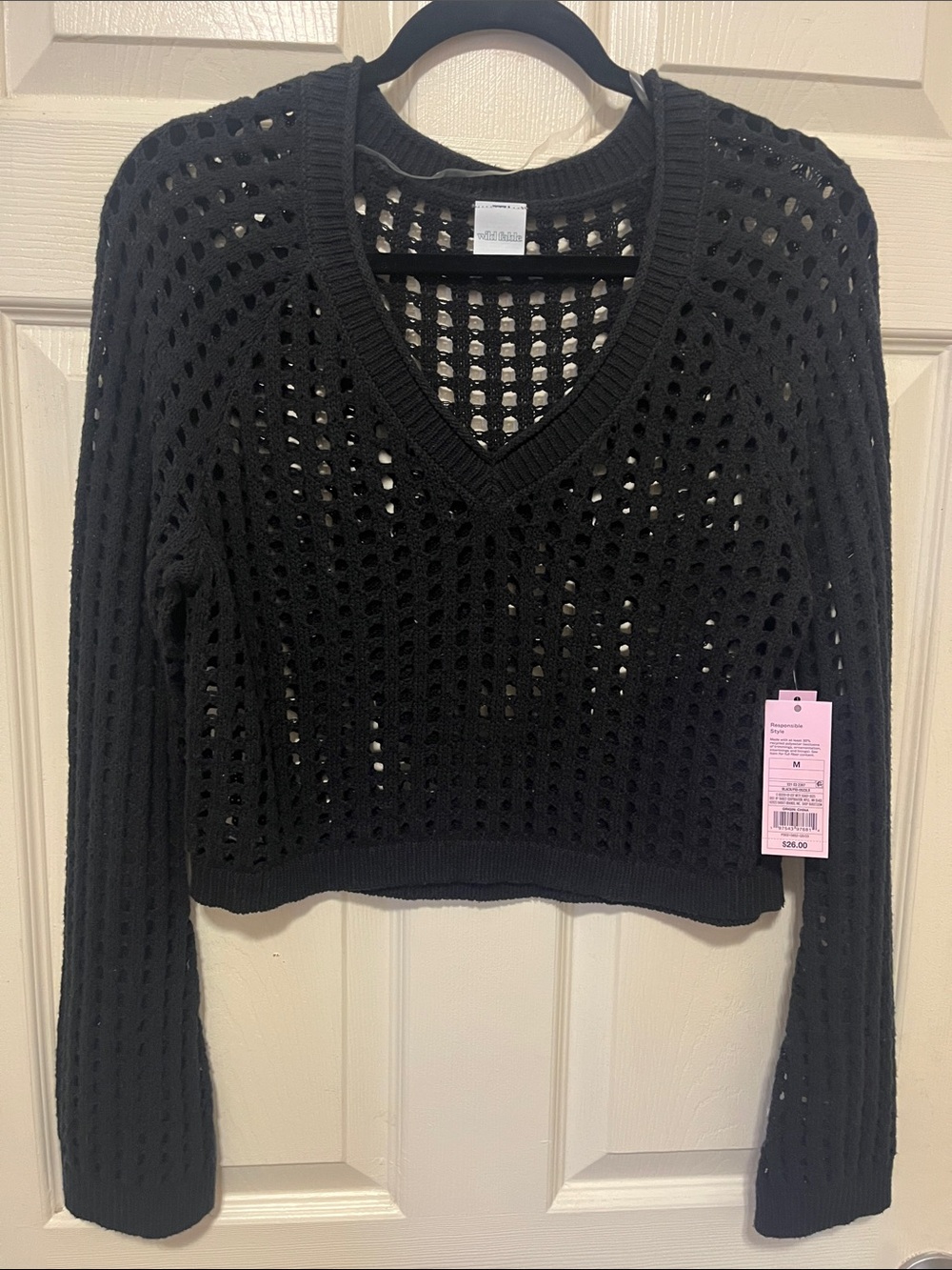 wild fable Black Open-Knit V-Neck Cropped Sweater M